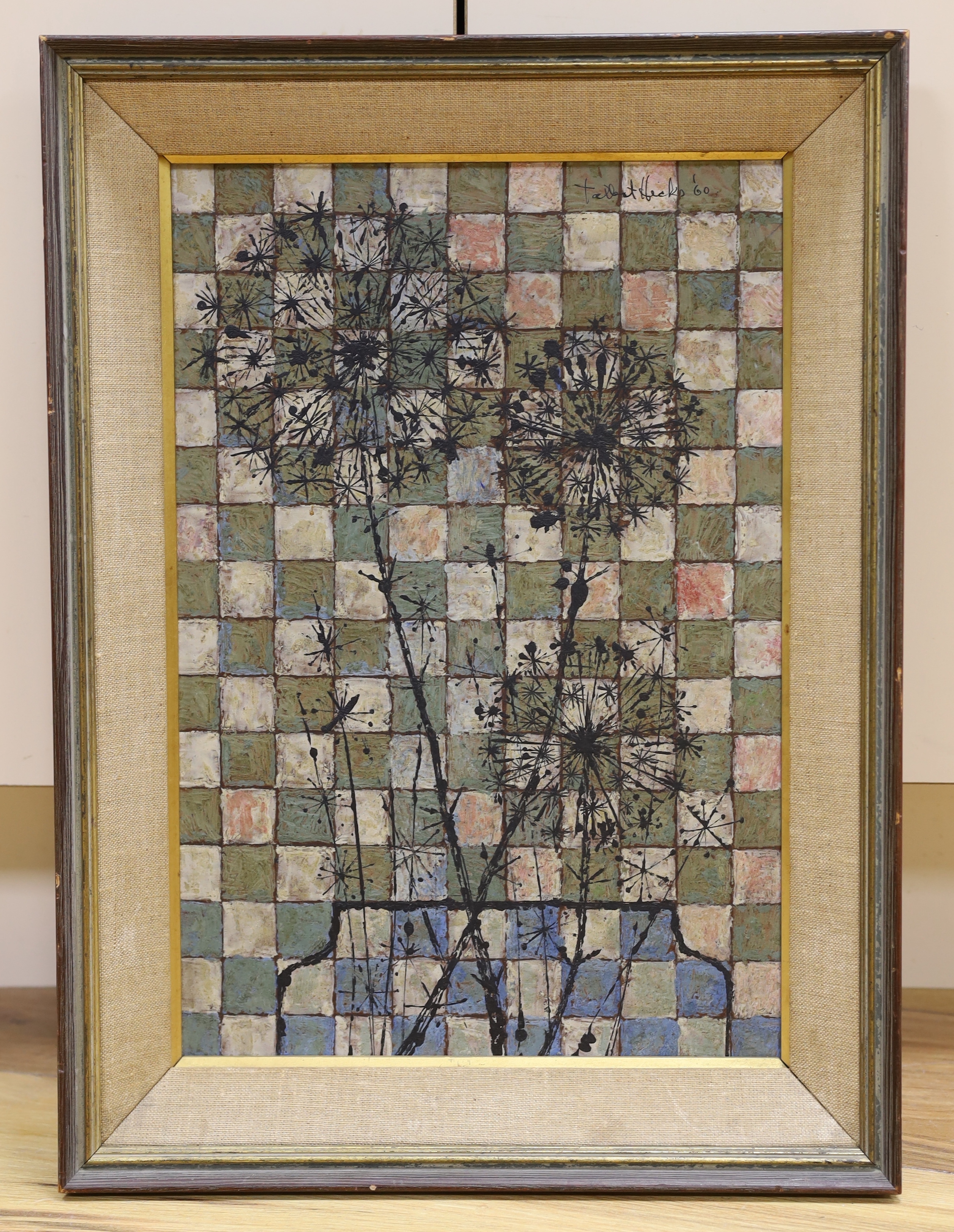 Talbot Hicks (20th. C), oil on board, 'Dried Allium heads and geometric squares', signed and dated '60, 40 x 26cm